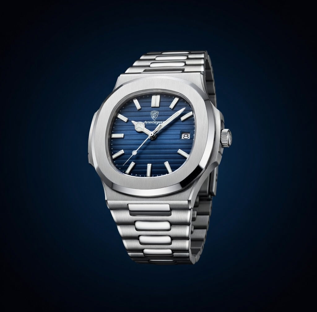 Silver watch with blue dial on a dark background