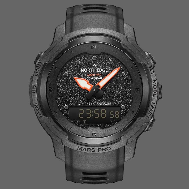 Black Mars Pro tactical watch with digital display on a white background