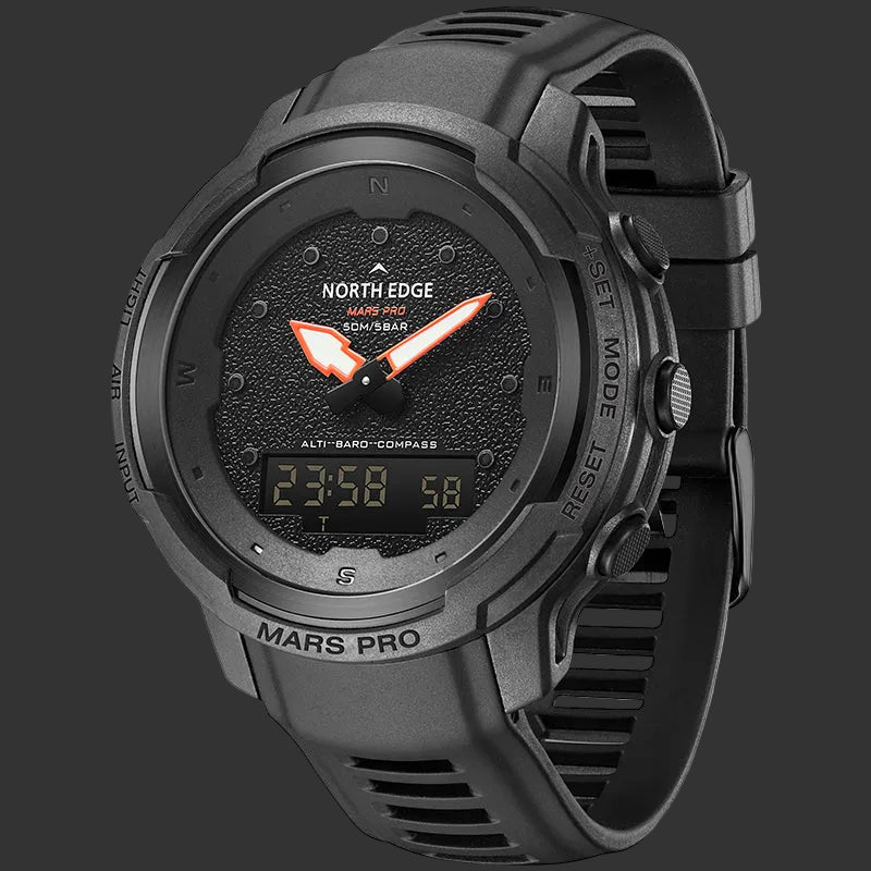 Black North Edge Mars Pro tactical smartwatch with digital display on a white background