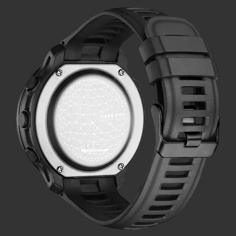 Black digital tactical watch with a white back on a white background