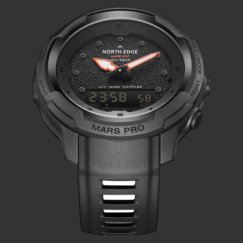 Black tactical Mars Pro watch with digital display on a white background