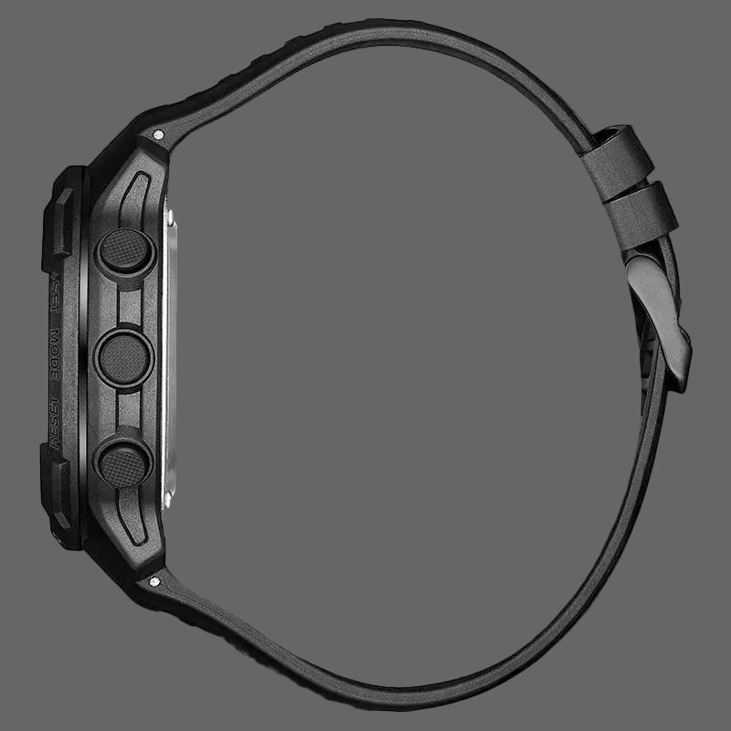 A black rugged protective watch band with a matching black watch case, shown from a side profile view on a white background.