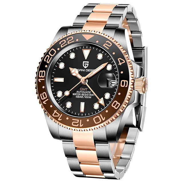 Watch with black dial and rose gold accents on a white background