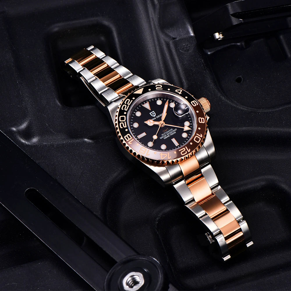 Luxury watch with rose gold and silver band on a black background