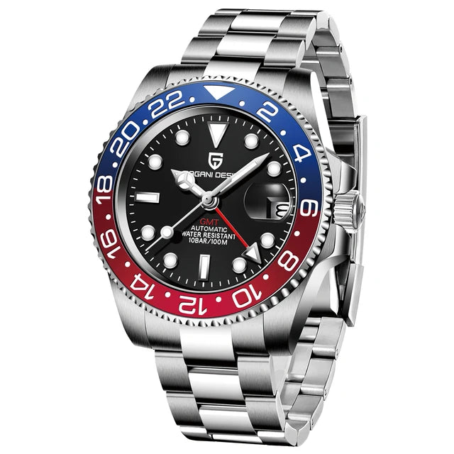 Watch with a silver bracelet, black face, blue and red bezel on a white background