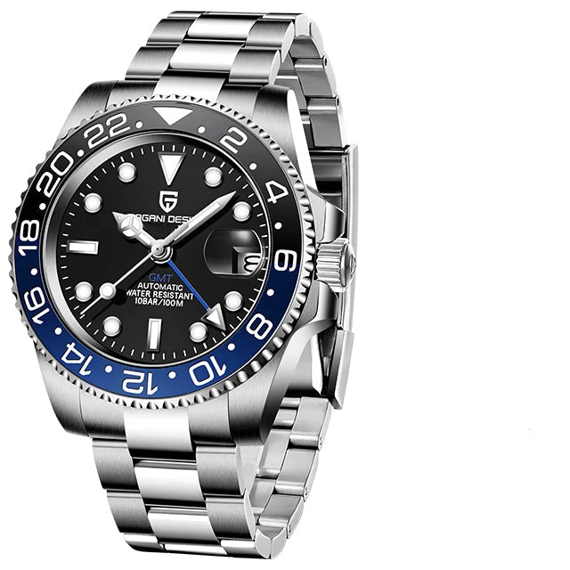 Silver watch with black and blue face on a white background