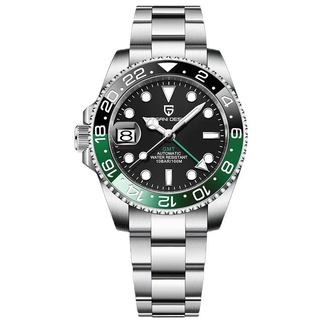 Wristwatch with black face, green bezel, and silver metal strap on a white background