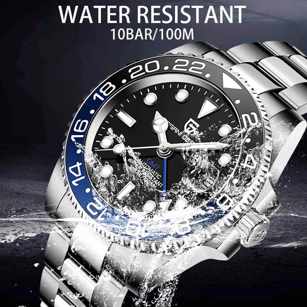 Water-resistant watch with black dial and blue bezel on a dark background
