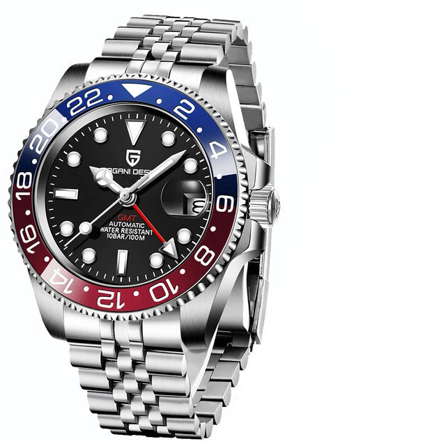 Silver watch with a black, blue, and red face on a white background