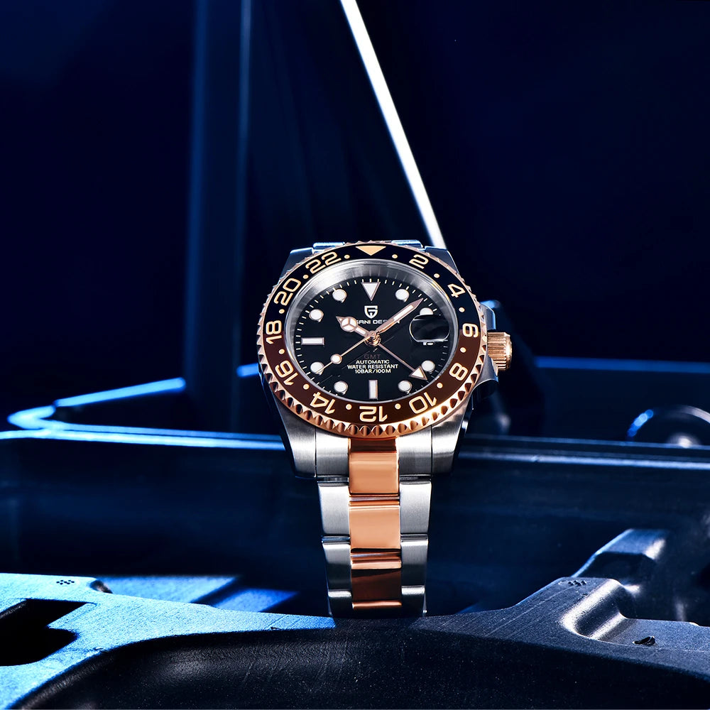 Luxury watch with a black dial and rose gold accents on a dark background