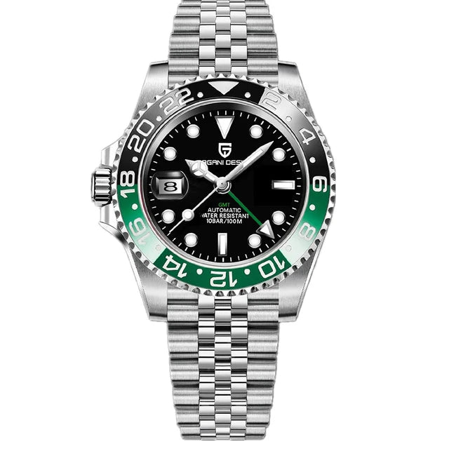 Wristwatch with green and black bezel on a white background