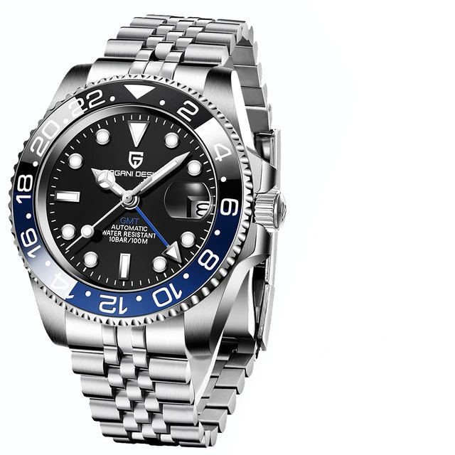 Silver wristwatch with black and blue dial on a white background